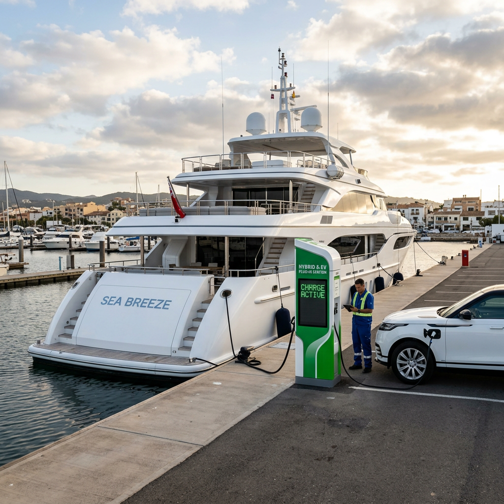 Luxury yacht named Sea Breeze and white electric car charging at marina station